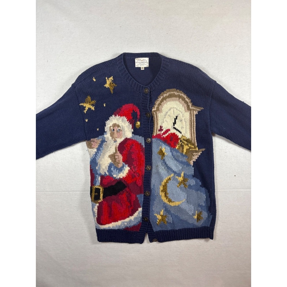Susan Bristol Hand Knit Christmas Sweater With Santa & Clock Design Size S